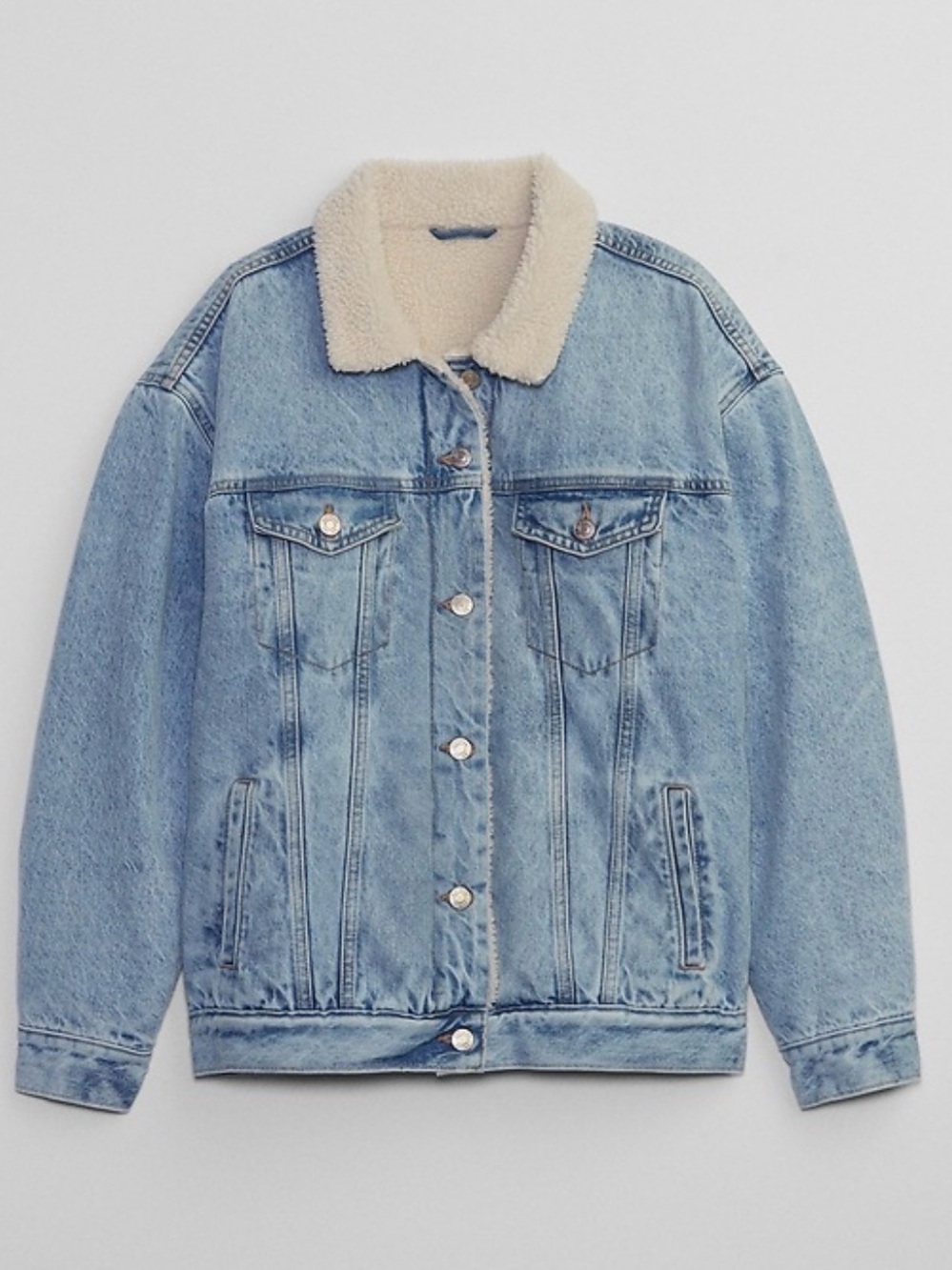 American Eagle Outfitters Light Blue Denim Jacket with Cream Sherpa Collar med